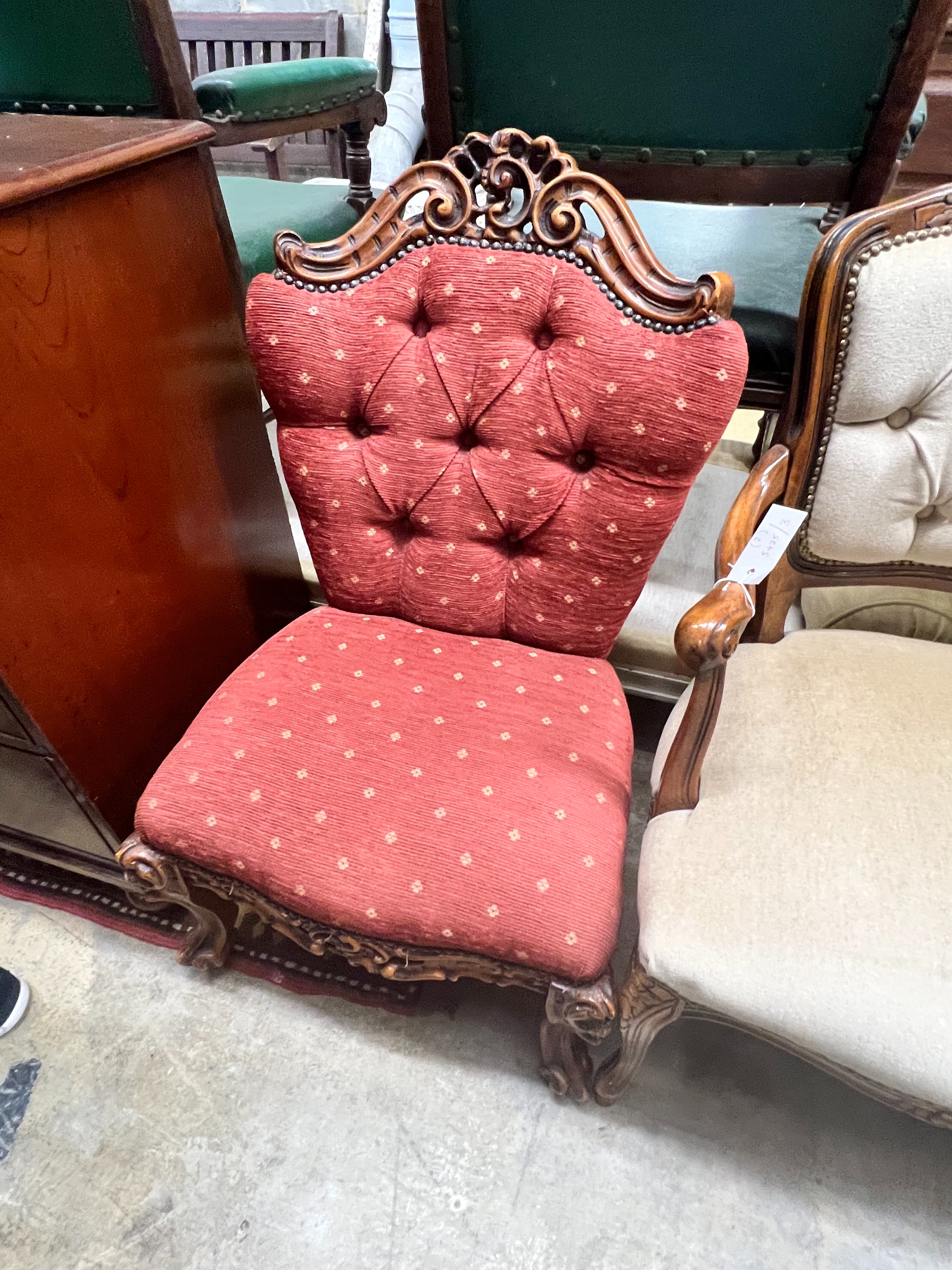 A Louis XV style beech elbow chair and a carved walnut side chair